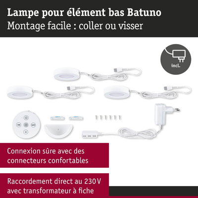 Ensemble de lampes LED sous meuble Batuno blanches avec télécommande, vis et transformateur pour montage facile