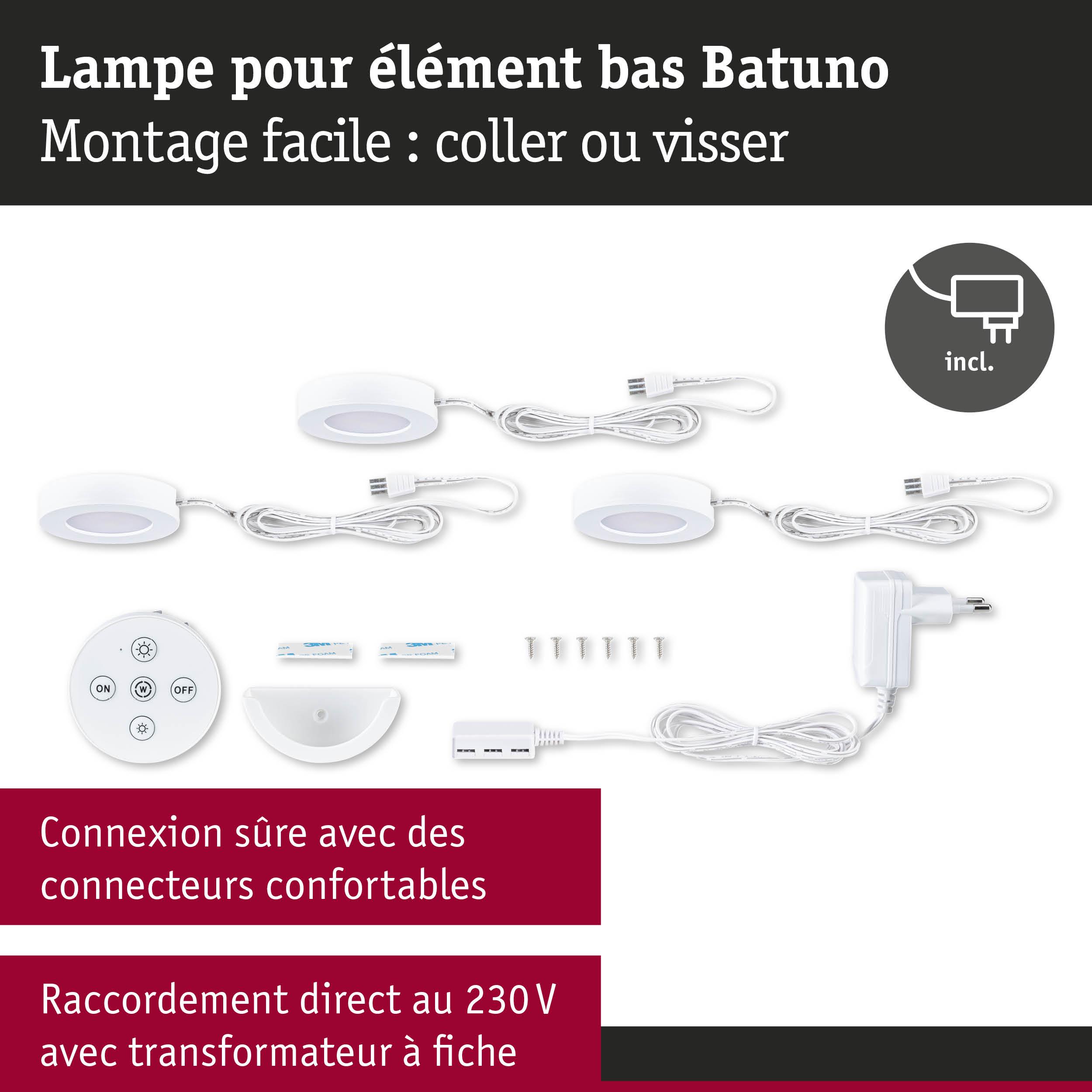 Ensemble de lampes LED sous meuble Batuno blanches avec télécommande, vis et transformateur pour montage facile