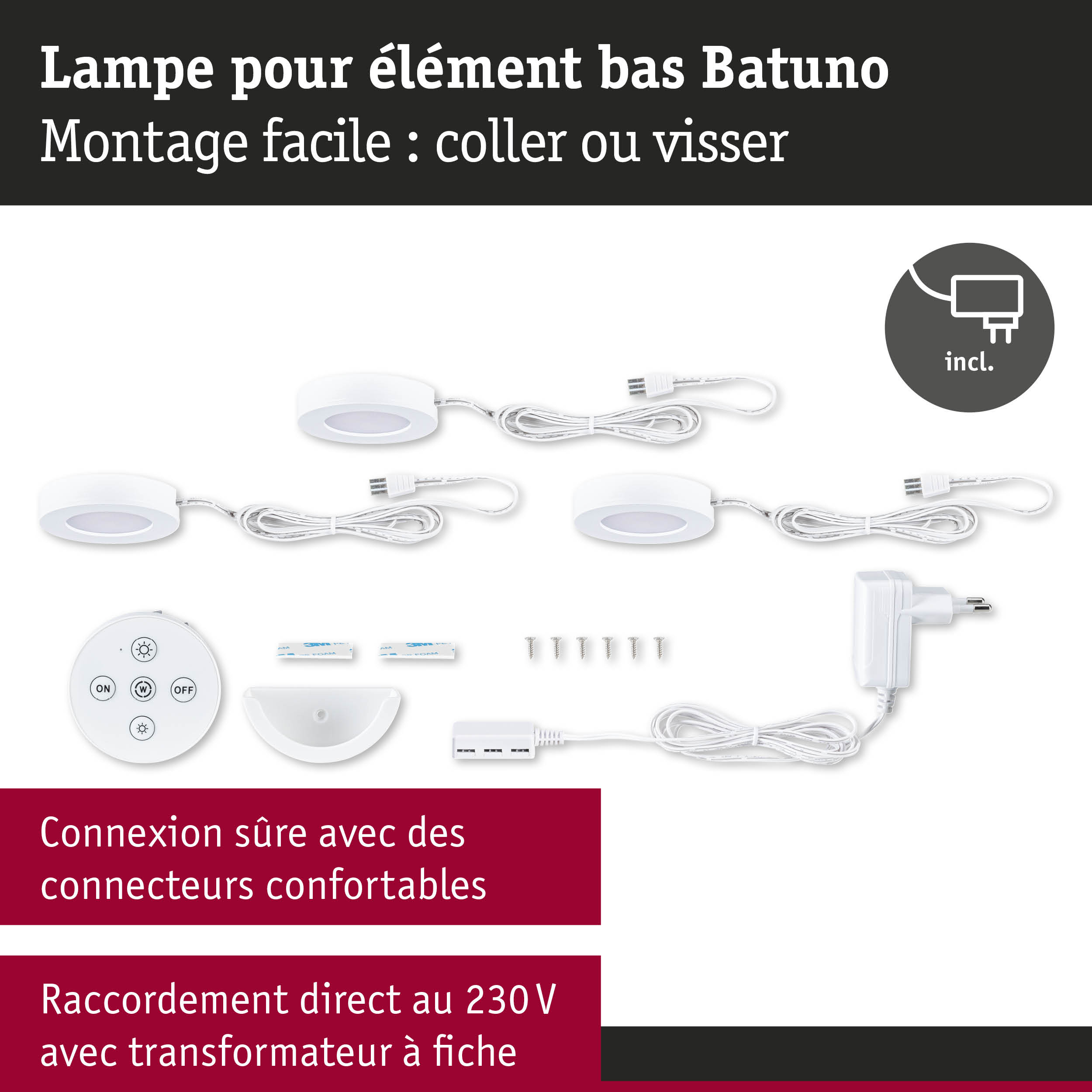 Lampe LED blanche Batuno pour élément bas avec télécommande, transformateur et accessoires de montage