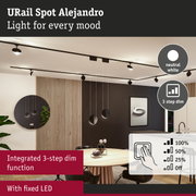 Black URail Spot Alejandro LED track lighting with neutral white light and integrated 3-step dim function in dining room