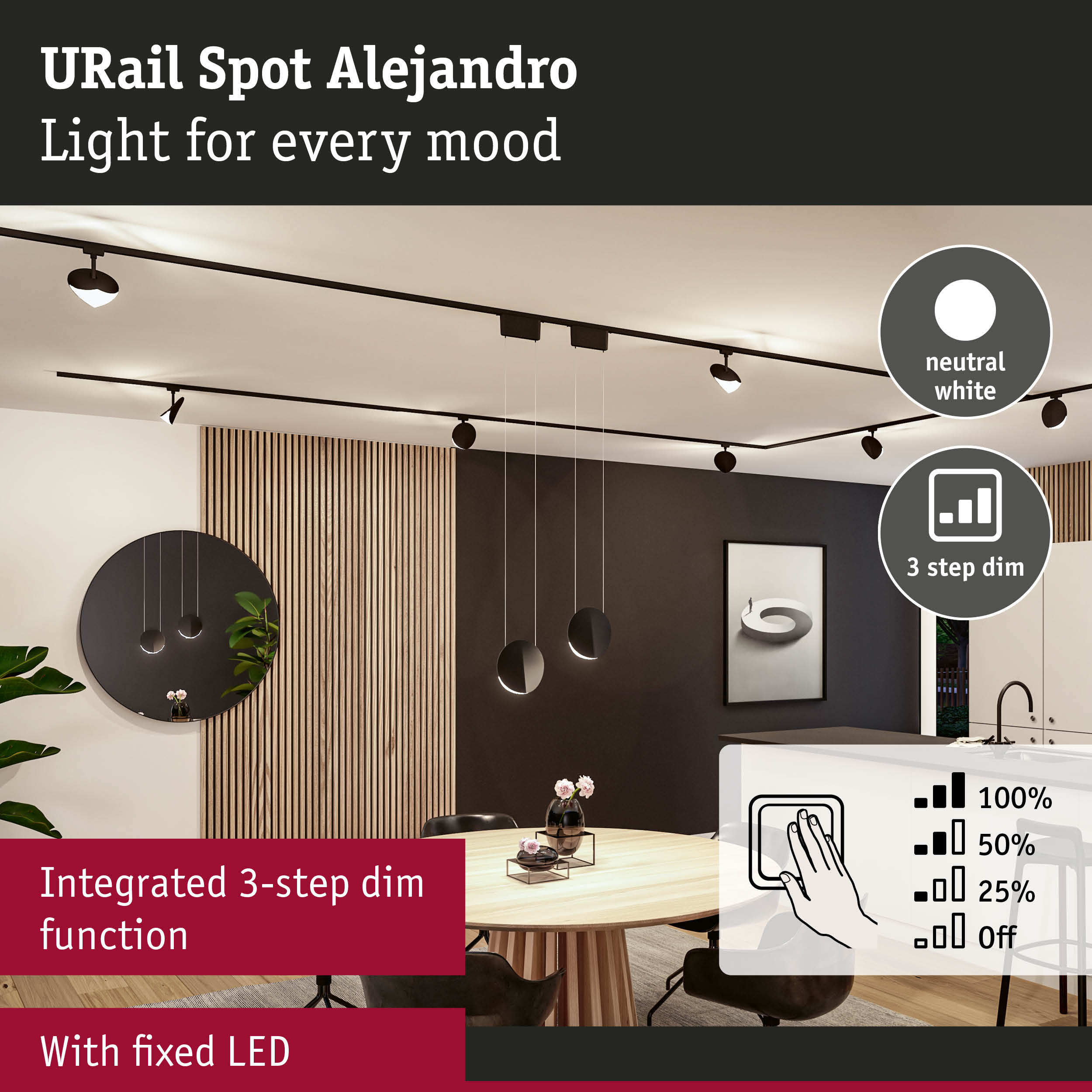 Black URail Spot Alejandro LED track lighting with neutral white light and integrated 3-step dim function in dining room