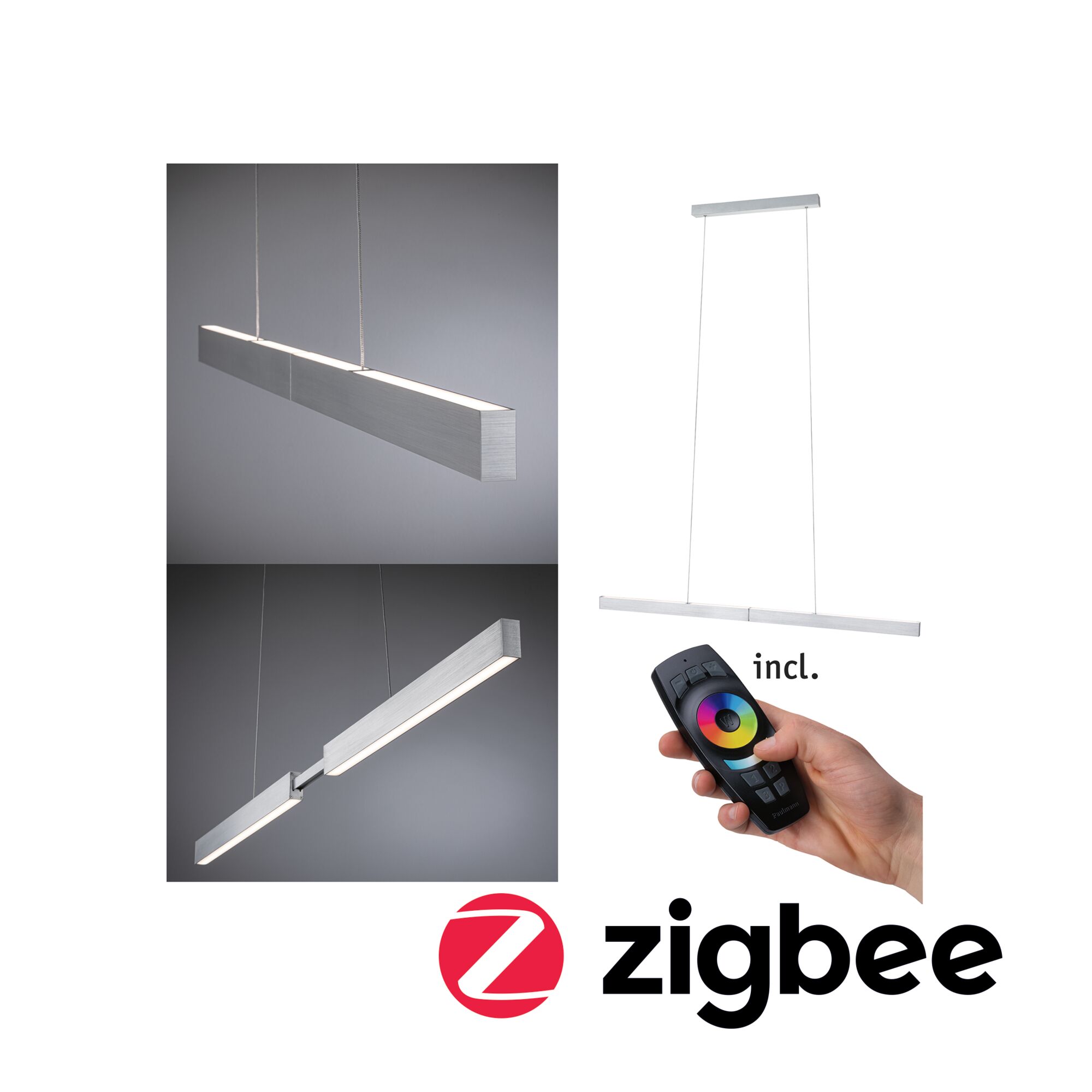 LED-pendelarmatur Smart Home Zigbee 3.0 Aptare 2700K dæmpbar 2x2400lm 2x18W Alu børstet Moderne LED-hængelampe i børstet sølvfarvet aluminium med fjernbetjening og Zigbee-styring