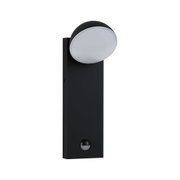 Schwarze LED-Wandleuchte aus Metall mit rundem weißem Diffusor und Bewegungsmelder für Außenbereiche