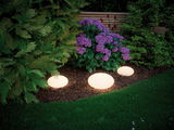 Drie witte LED-tuinkogelverlichting verlichten bloembed met paarse bloemen en groen blad.