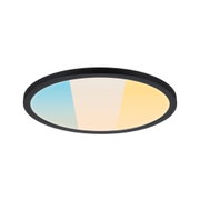Round LED ceiling light with black frame and adjustable color temperature from cool to warm.