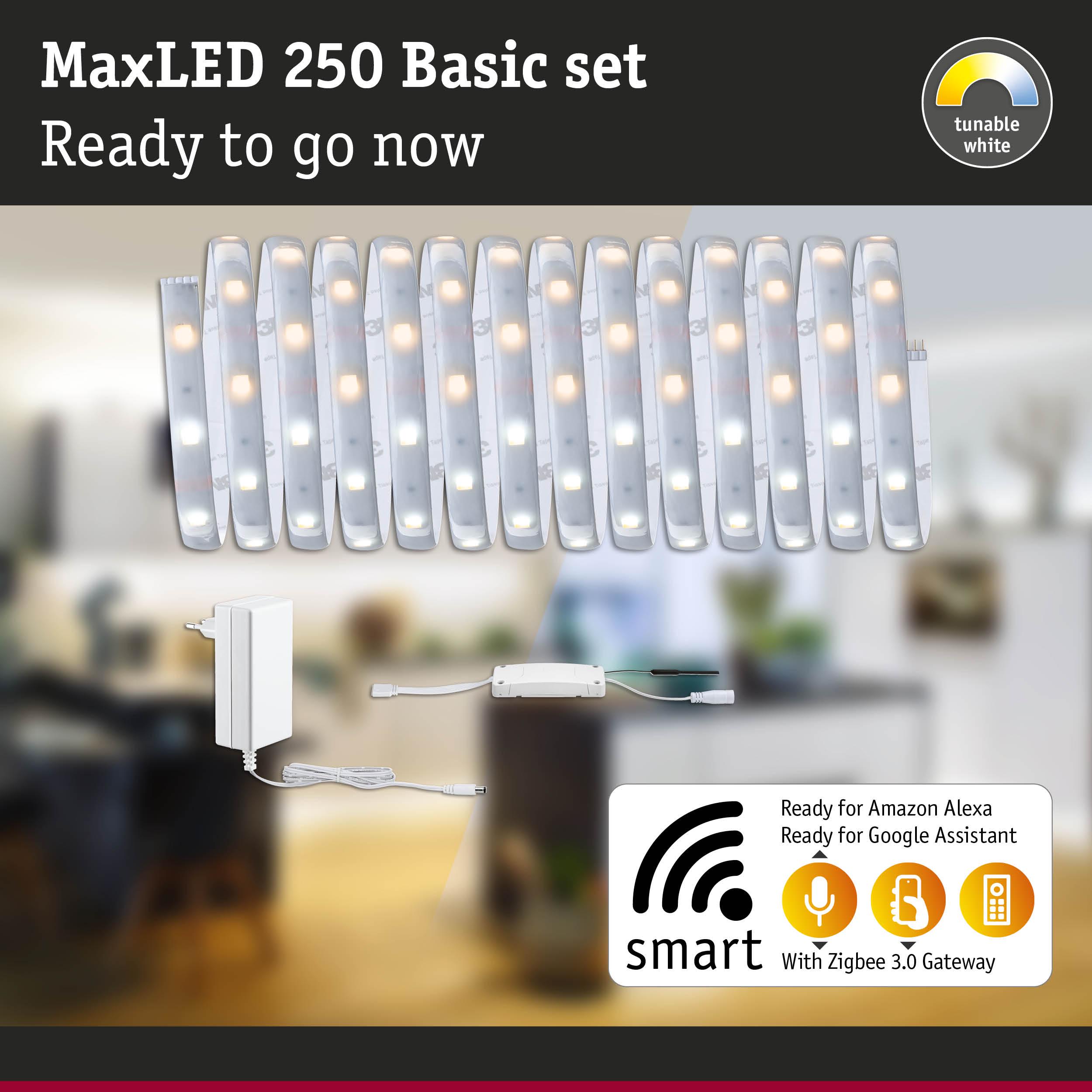MaxLED 250 Basic set with flexible white LED strips and smart Zigbee 3.0 gateway compatible with Alexa and Google