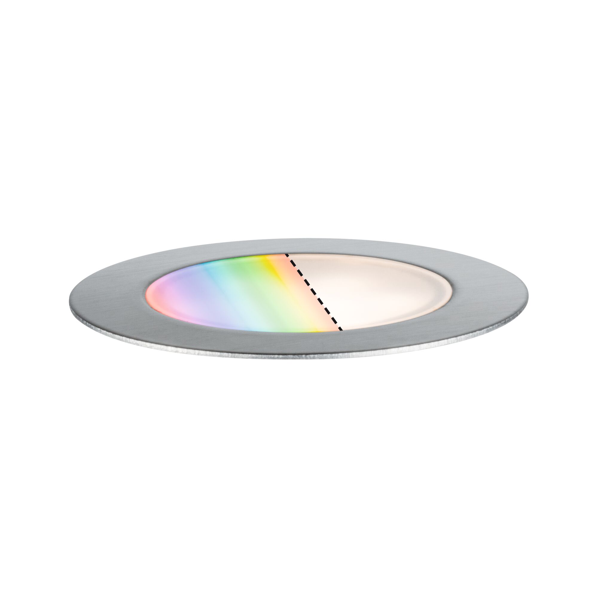 Round LED recessed light with brushed aluminum frame and adjustable color from warm white to rainbow