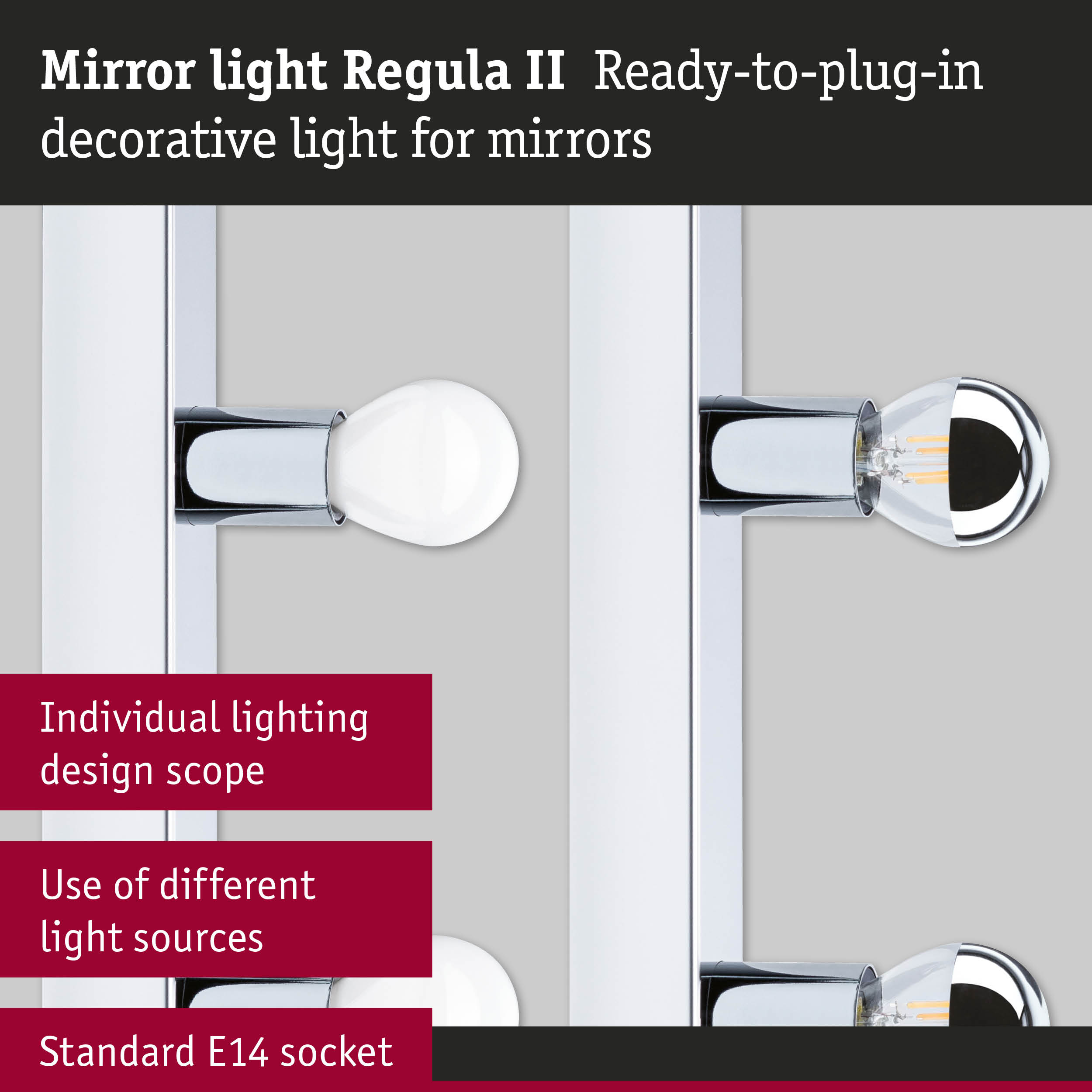 Mirror light Regula II with chrome mount and standard E14 socket for decorative mirror lighting