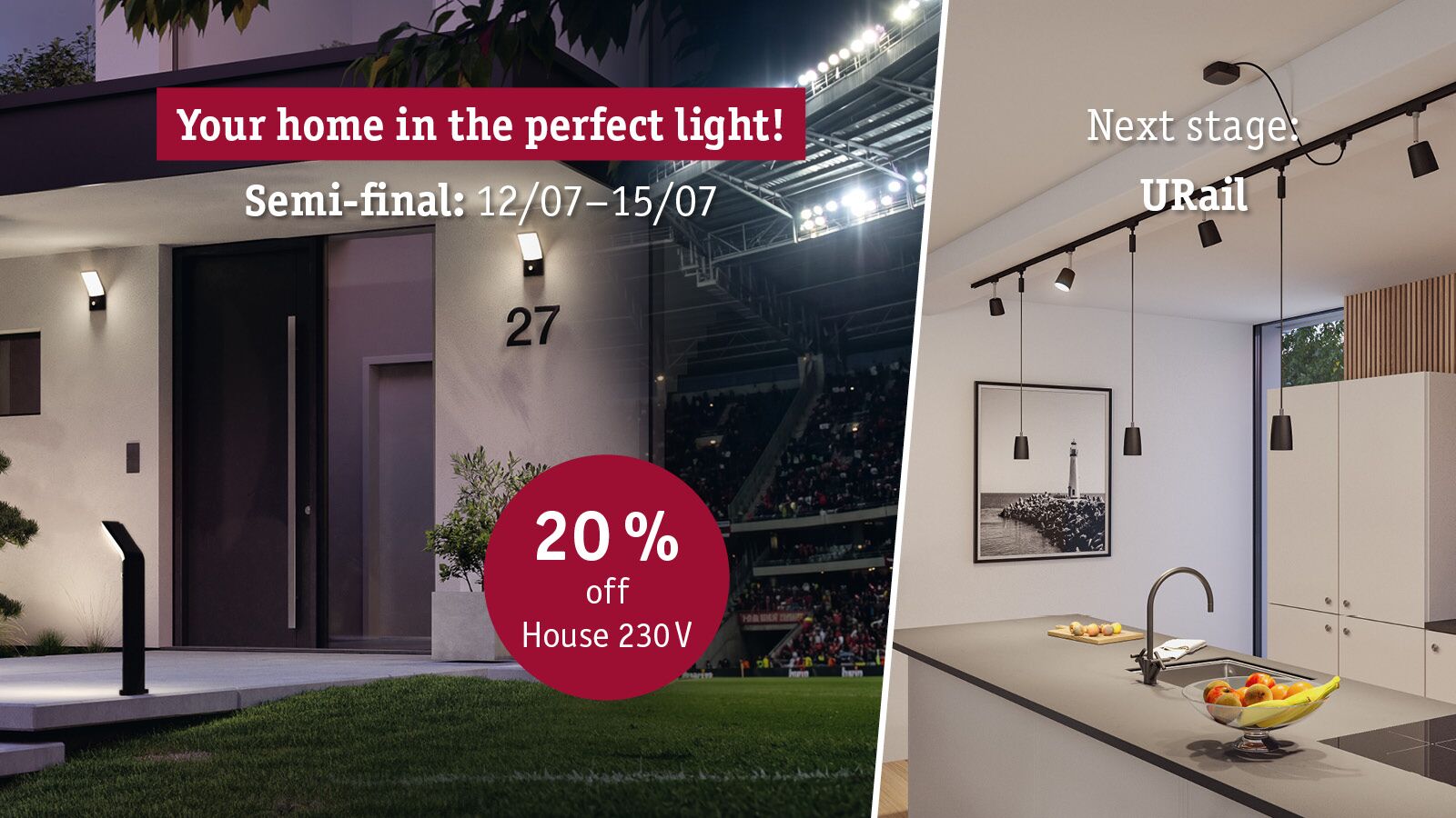 Modern outdoor house lighting and black URail ceiling lights in white kitchen with fruit bowl