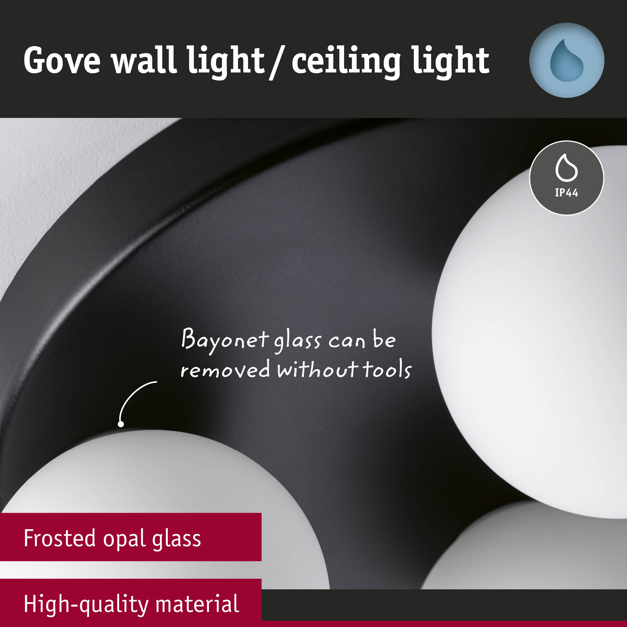 Gove wall light with black metal frame and frosted opal glass, IP44 rated for indoor and outdoor use
