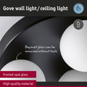 Gove wall light with black metal frame and frosted opal glass, IP44 rated for indoor and outdoor use