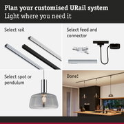Modular URail rail system with black and white aluminium rails, LED lighting accessories included.