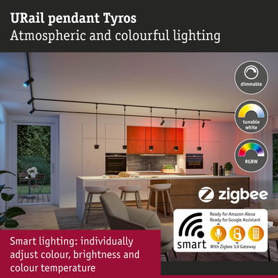 Modern URail Tyros black pendant light with RGBW color control and Zigbee smart home compatibility