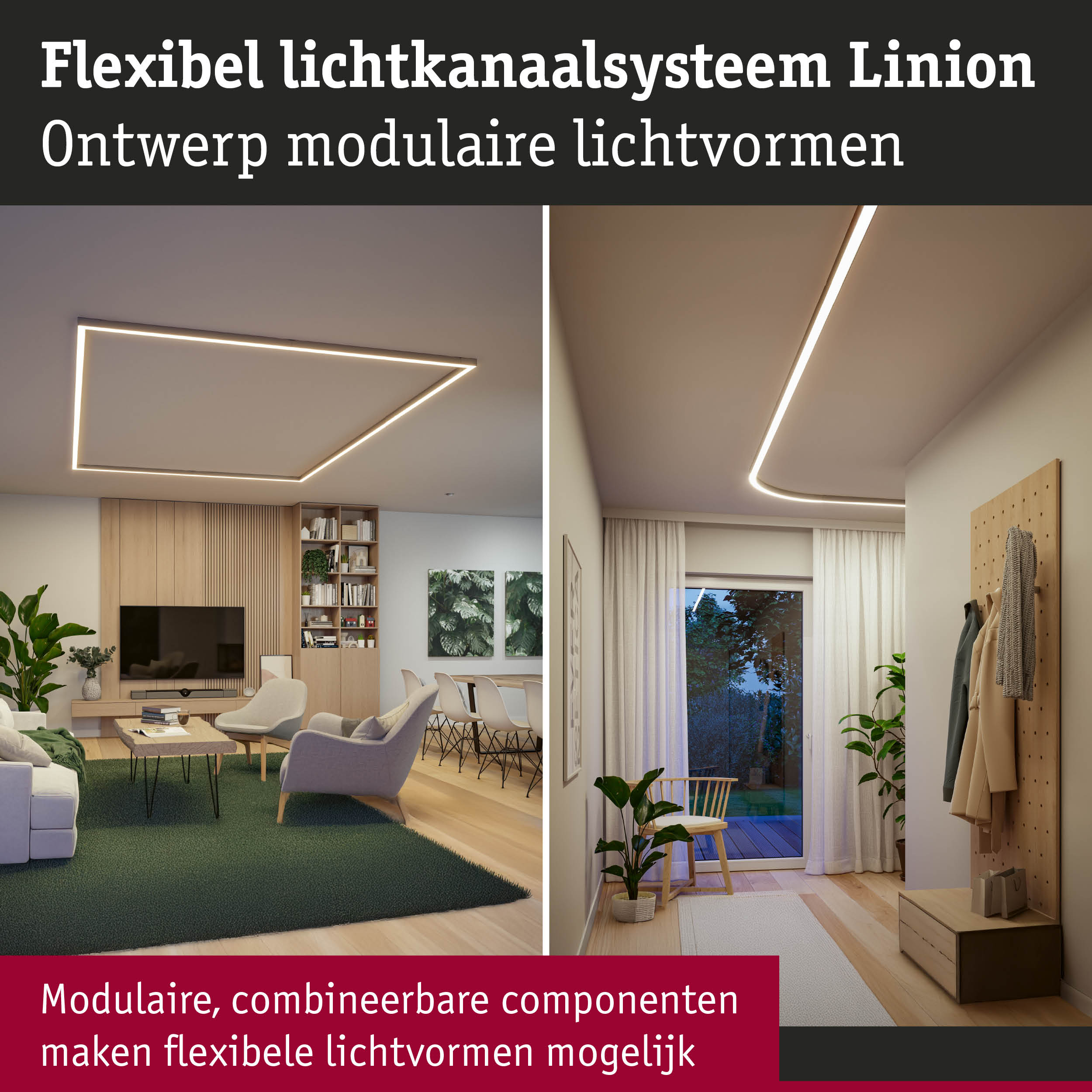 Flexibel Linion lichtkanaalsysteem met modulaire LED-plafondlampen in moderne woonkamer en hal