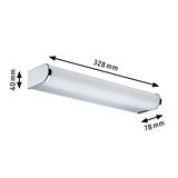 White LED wall light with chrome accents, dimensions 328x78x40 mm, modern indoor lighting fixture