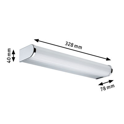 White LED wall light with chrome accents, dimensions 328x78x40 mm, modern indoor lighting fixture