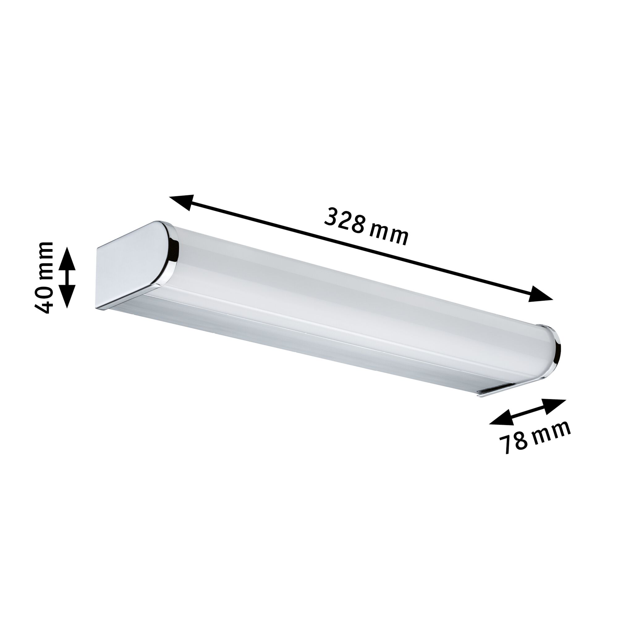 White LED wall light with chrome accents, dimensions 328x78x40 mm, modern indoor lighting fixture