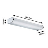 White LED wall light with chrome accents, dimensions 328x78x40 mm, modern indoor lighting fixture