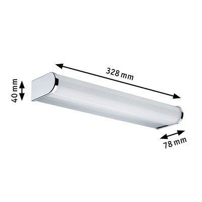 White LED wall light with chrome accents, dimensions 328x78x40 mm, modern indoor lighting fixture
