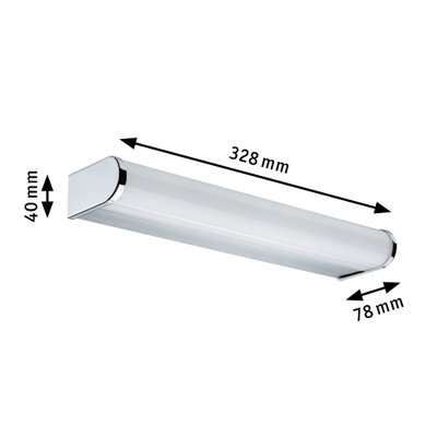 Weißer LED-Wandaufbauleuchte mit Chromakzenten, Maße 328x78x40 mm, moderne Innenbeleuchtung