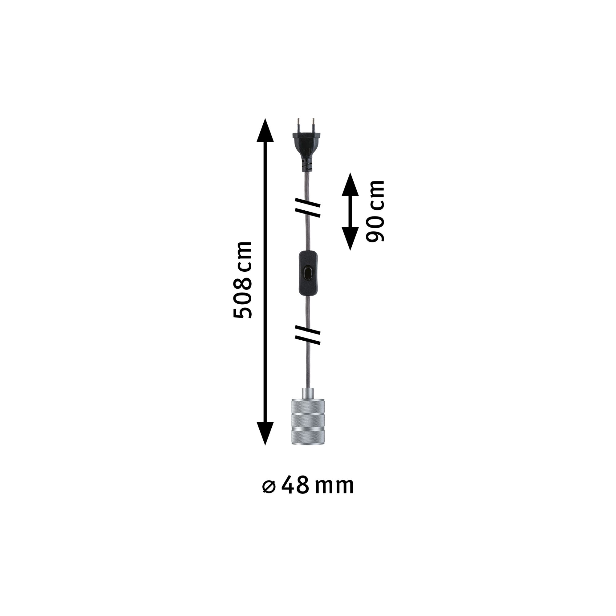 Graues Textilkabel mit schwarzem Schalter und Stecker, Länge 508 cm, Durchmesser 48 mm, Lampenzubehör