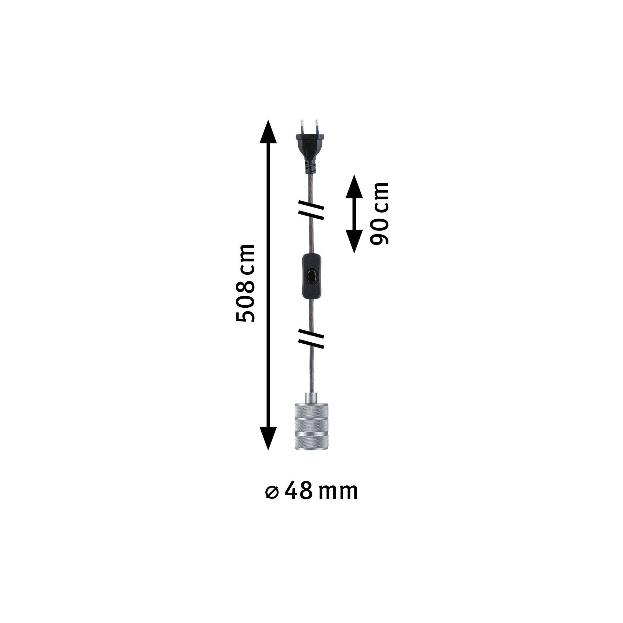 Grey textile cable with black switch and plug, 508 cm length, 48 mm diameter, lighting accessory