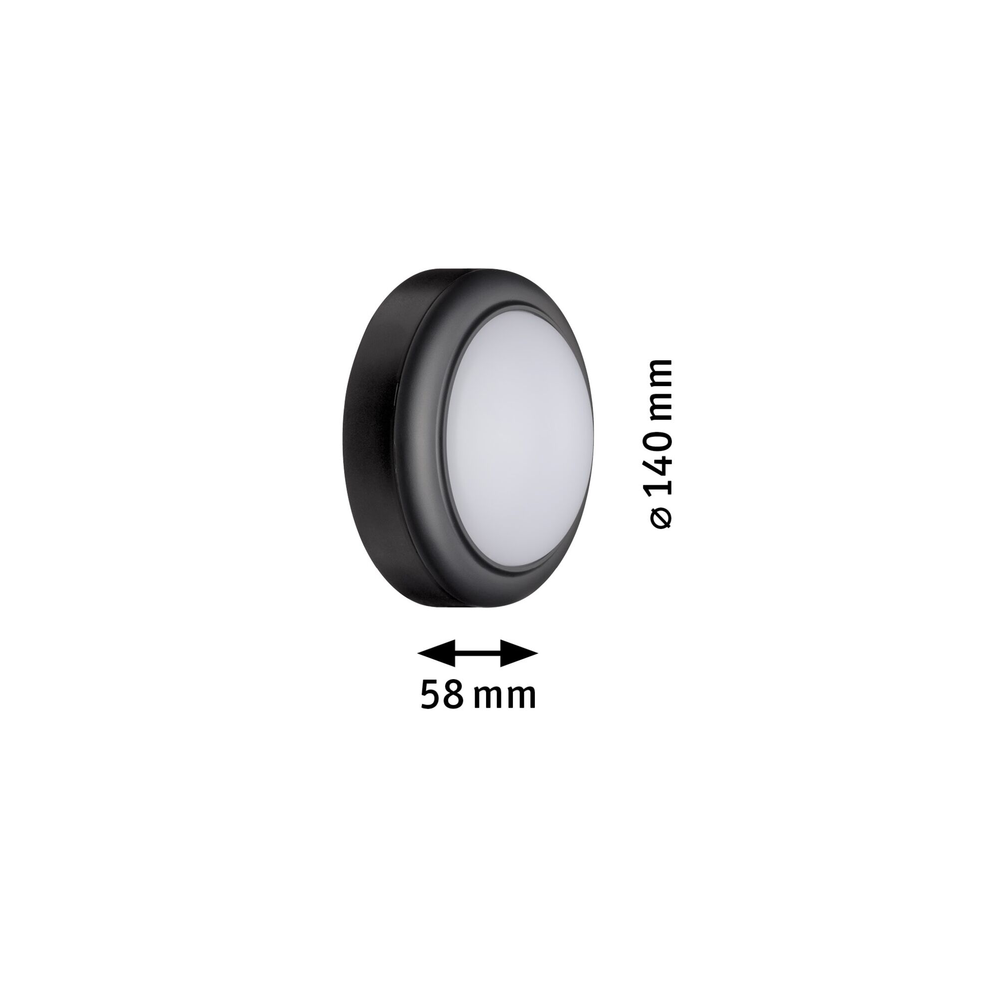 Runde LED-Deckenleuchte mit schwarzem Gehäuse und weißem Diffusor, Maße 140 mm Durchmesser, 58 mm Tiefe