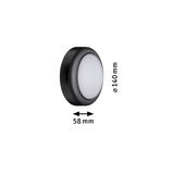 Runde LED-Deckenleuchte mit schwarzem Gehäuse und weißem Diffusor, Maße 140 mm Durchmesser, 58 mm Tiefe