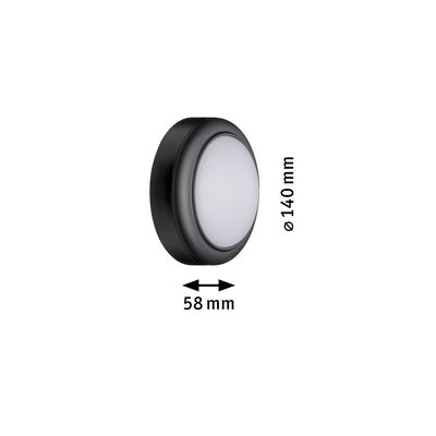 Runde LED-Deckenleuchte mit schwarzem Gehäuse und weißem Diffusor, Maße 140 mm Durchmesser, 58 mm Tiefe