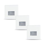 Three white square LED recessed wall lights with diffused light for modern indoor lighting