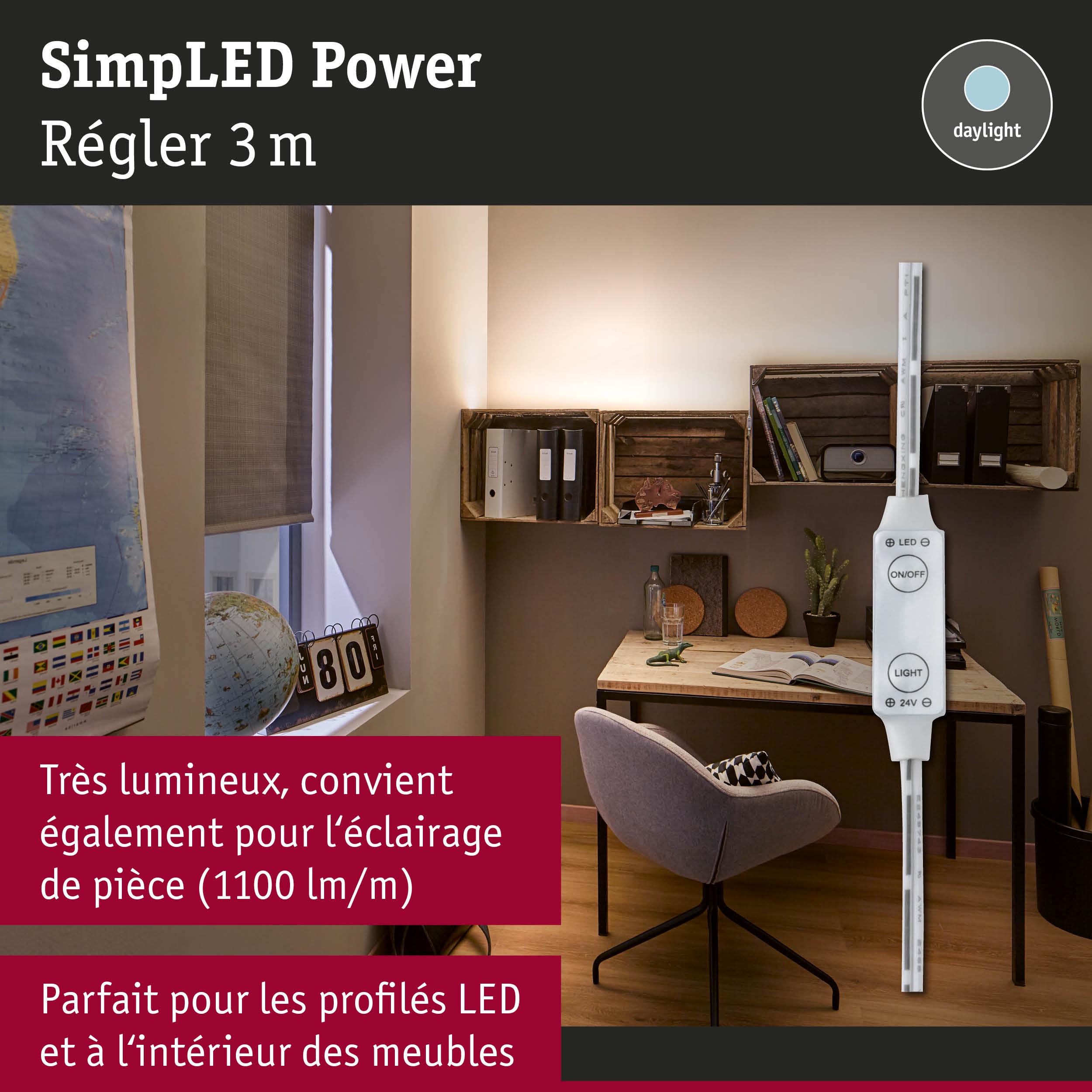 Bande LED SimplLED Power 3 m blanche, parfaite pour l’éclairage des meubles et des pièces en lumière du jour