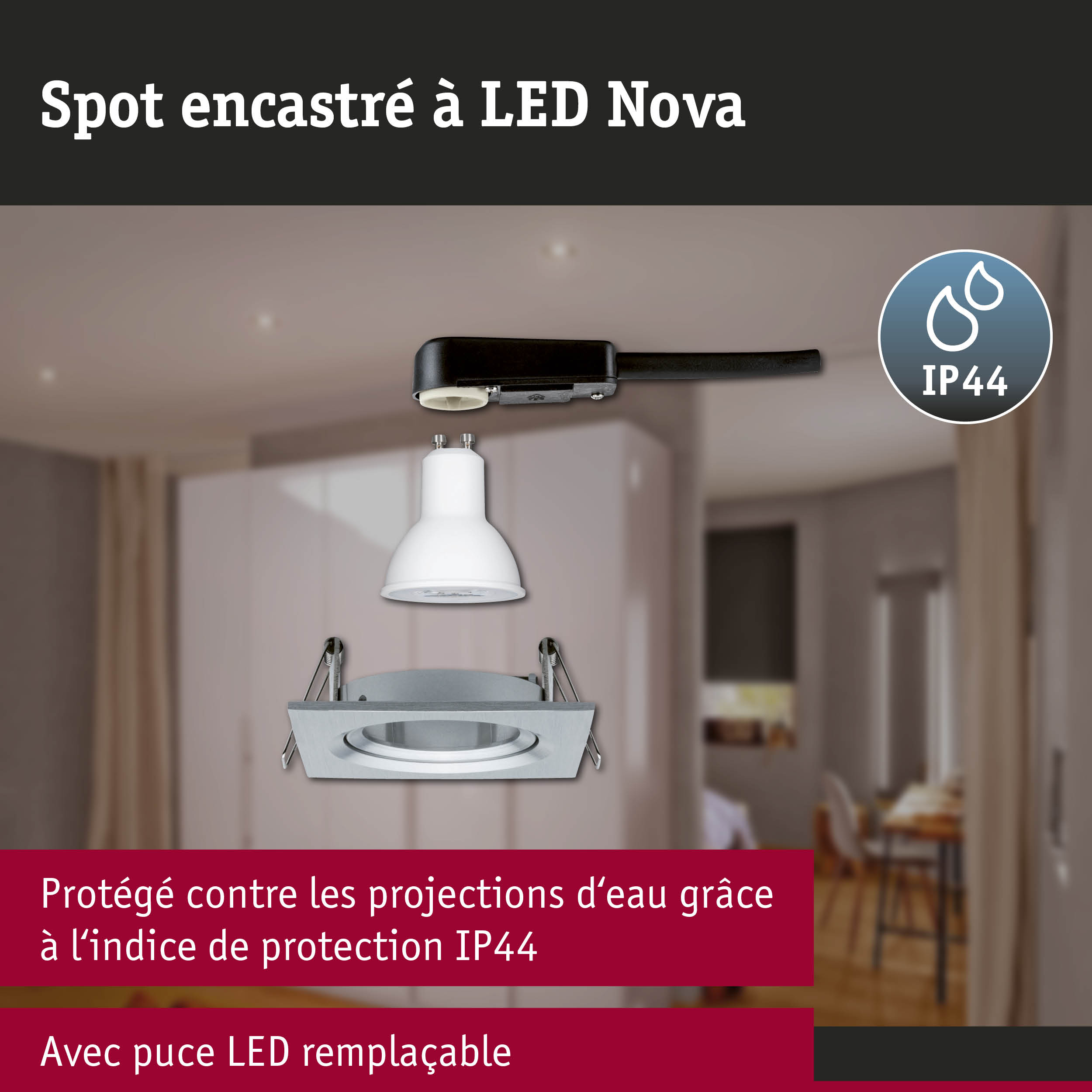 Spot encastré LED 3-Step-Dim Nova Kit de base orientable carré 84x84mm 50° GU10 3x6,5W 3x460lm 230V gradable 2700K Alu tourné