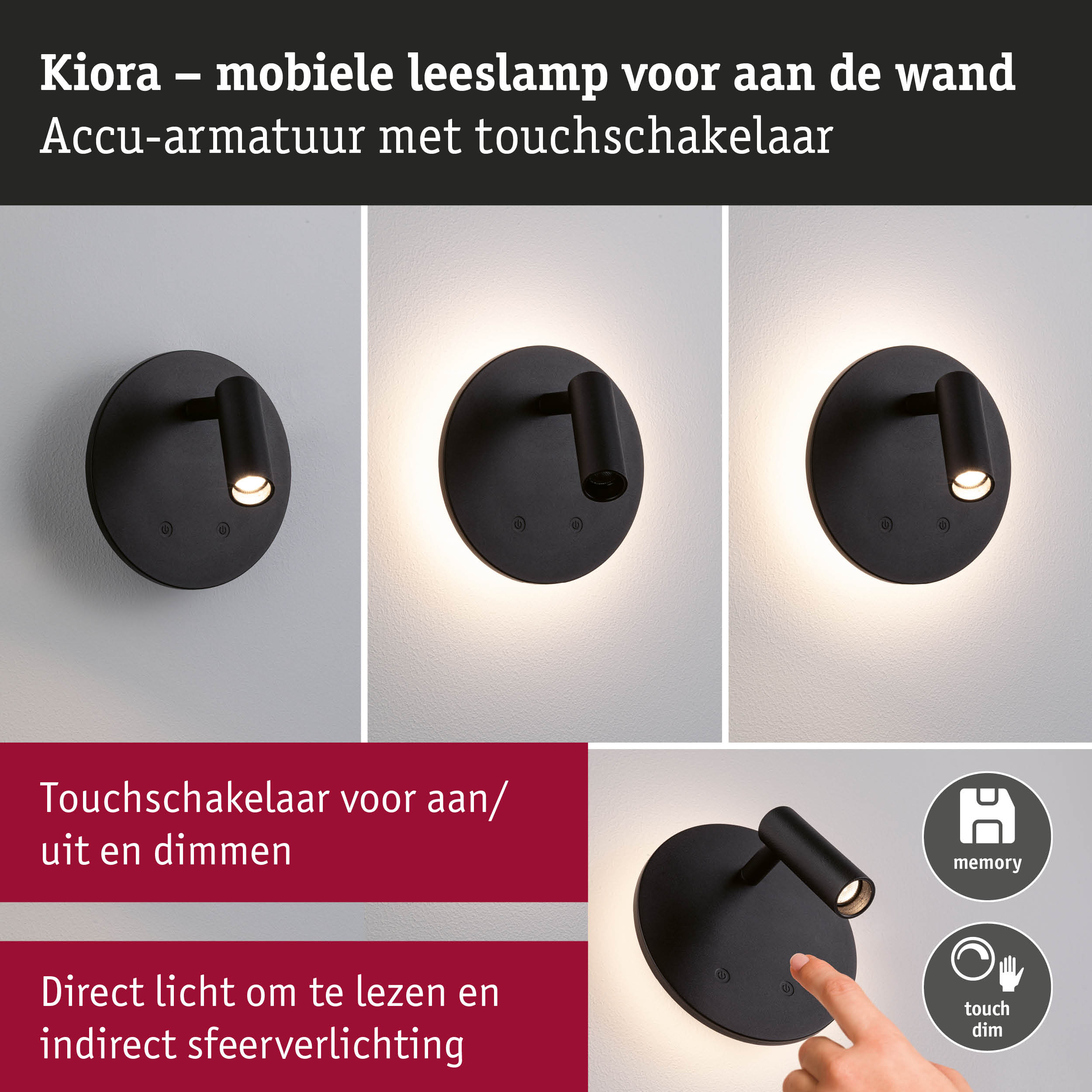 Zwarte Kiora mobiele leeslamp met accu en touchschakelaar voor direct lezen en sfeerverlichting