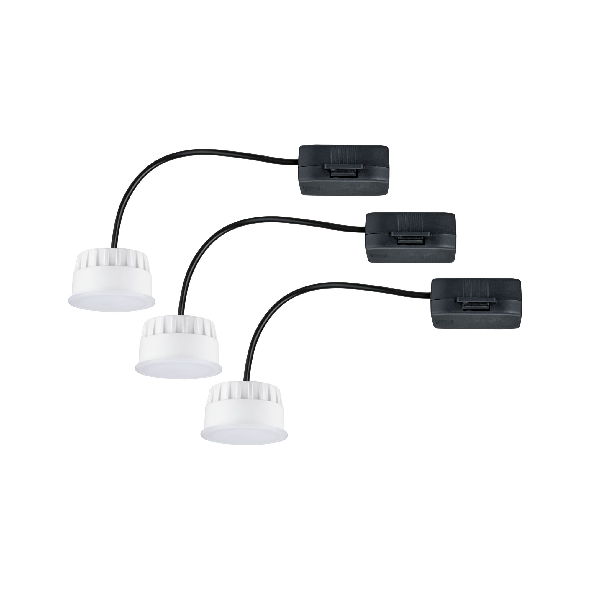 Tre hvide LED-indbygningslamper med sort kabel og kontakt til moderne indendørs belysning