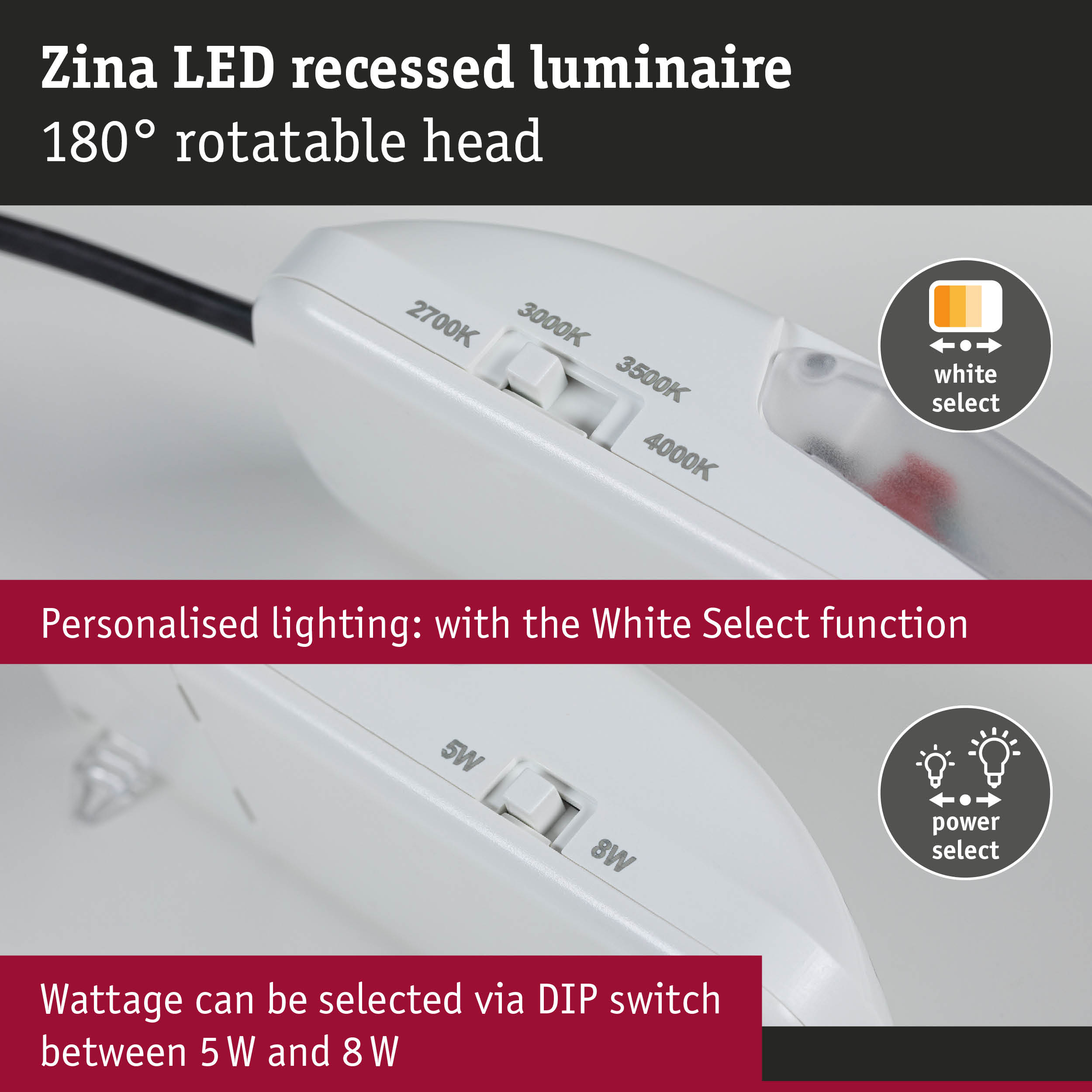 White Zina LED recessed light with 180° rotatable head, adjustable colour temperature and power select