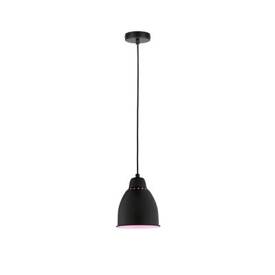 Schwarze Metall-Pendelleuchte mit rosa Lichtakzent und Kabel für moderne Innenbeleuchtung.