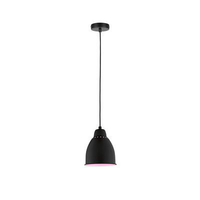 Black metal pendant lamp with pink light accent and cable for modern indoor lighting.