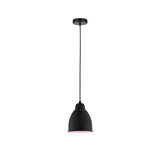 Suspension en métal noir avec accent lumineux rose et câble pour éclairage intérieur moderne.