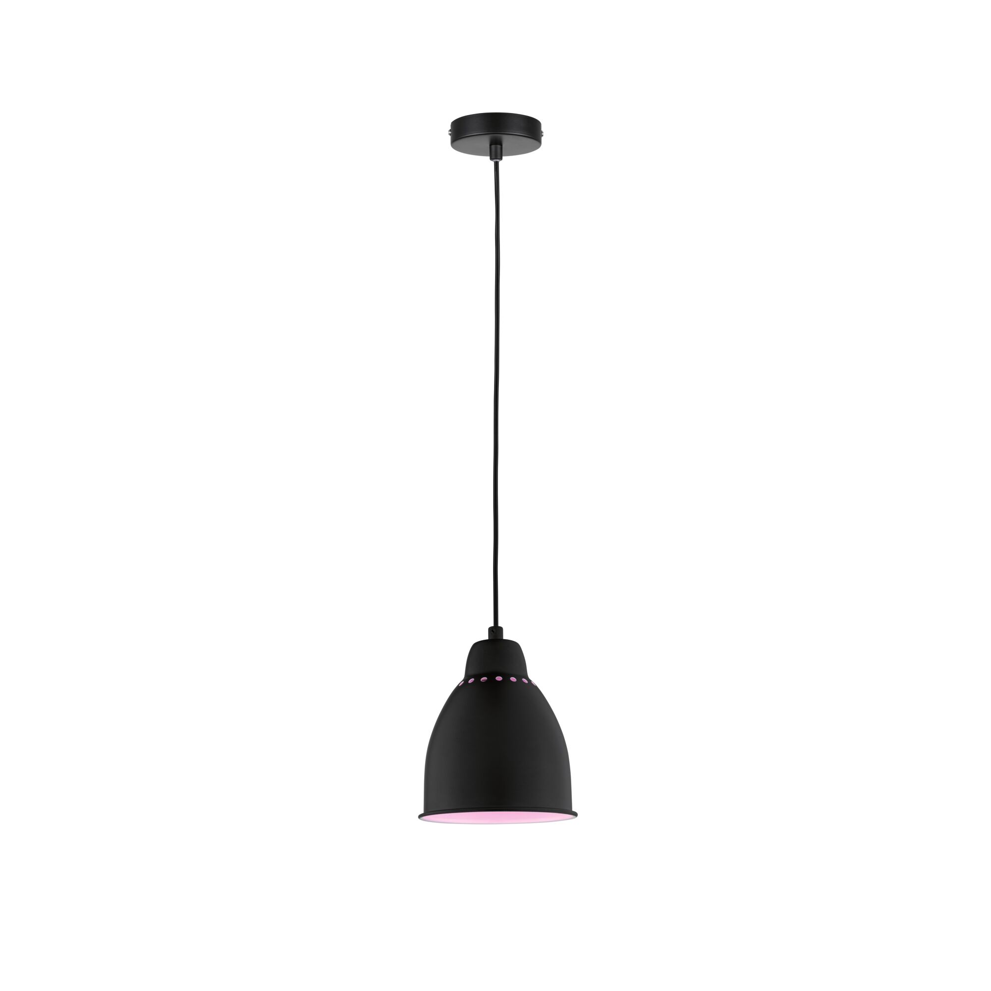 Black metal pendant lamp with pink light accent and cable for modern indoor lighting.