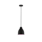 Schwarze Metall-Pendelleuchte mit rosa Lichtakzent und Kabel für moderne Innenbeleuchtung.