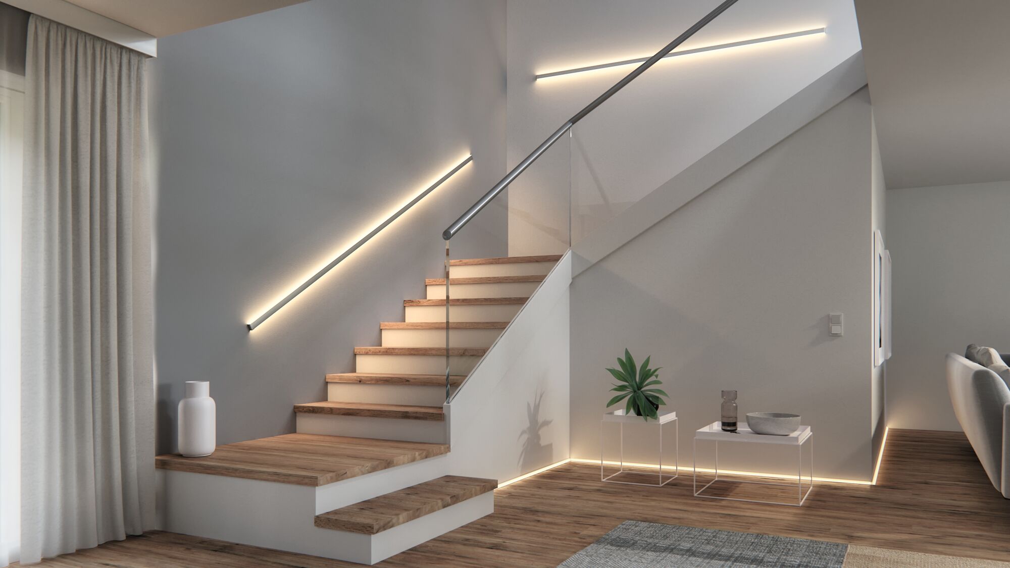 Modern staircase with wooden steps and warm white LED wall lights for stylish indoor lighting design