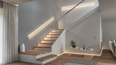 Moderne Treppe mit Holzstufen und LED-Wandbeleuchtung in warmweiß für stilvolle Innenräume