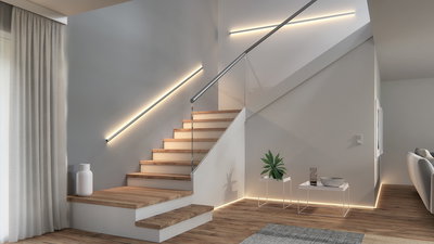 Moderne Treppe mit Holzstufen und LED-Wandleuchten in warmweißem Licht für stilvolle Innenraumbeleuchtung