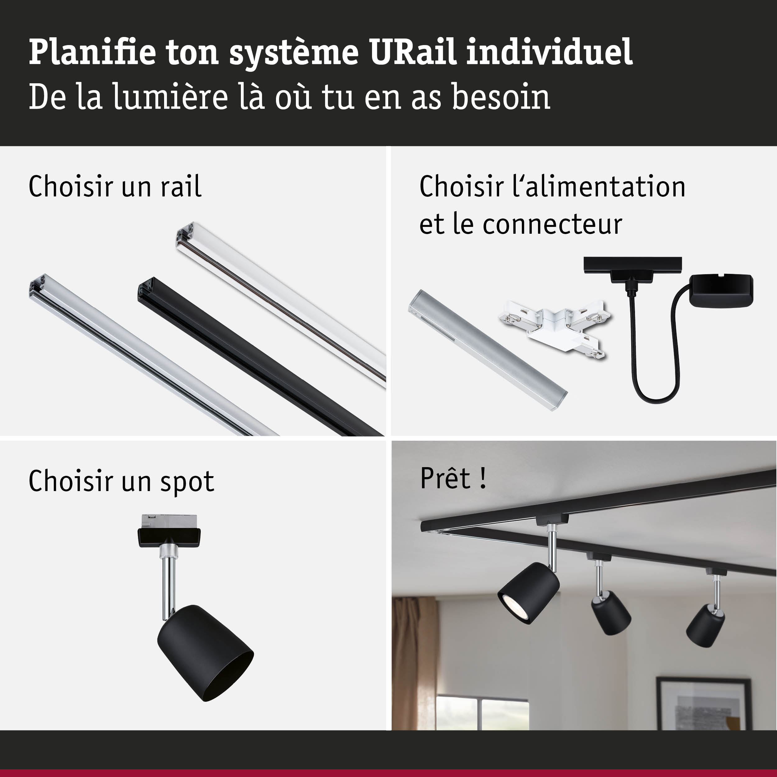 Système de rail URail modulaire en aluminium noir et blanc avec spots LED noirs pour éclairage flexible