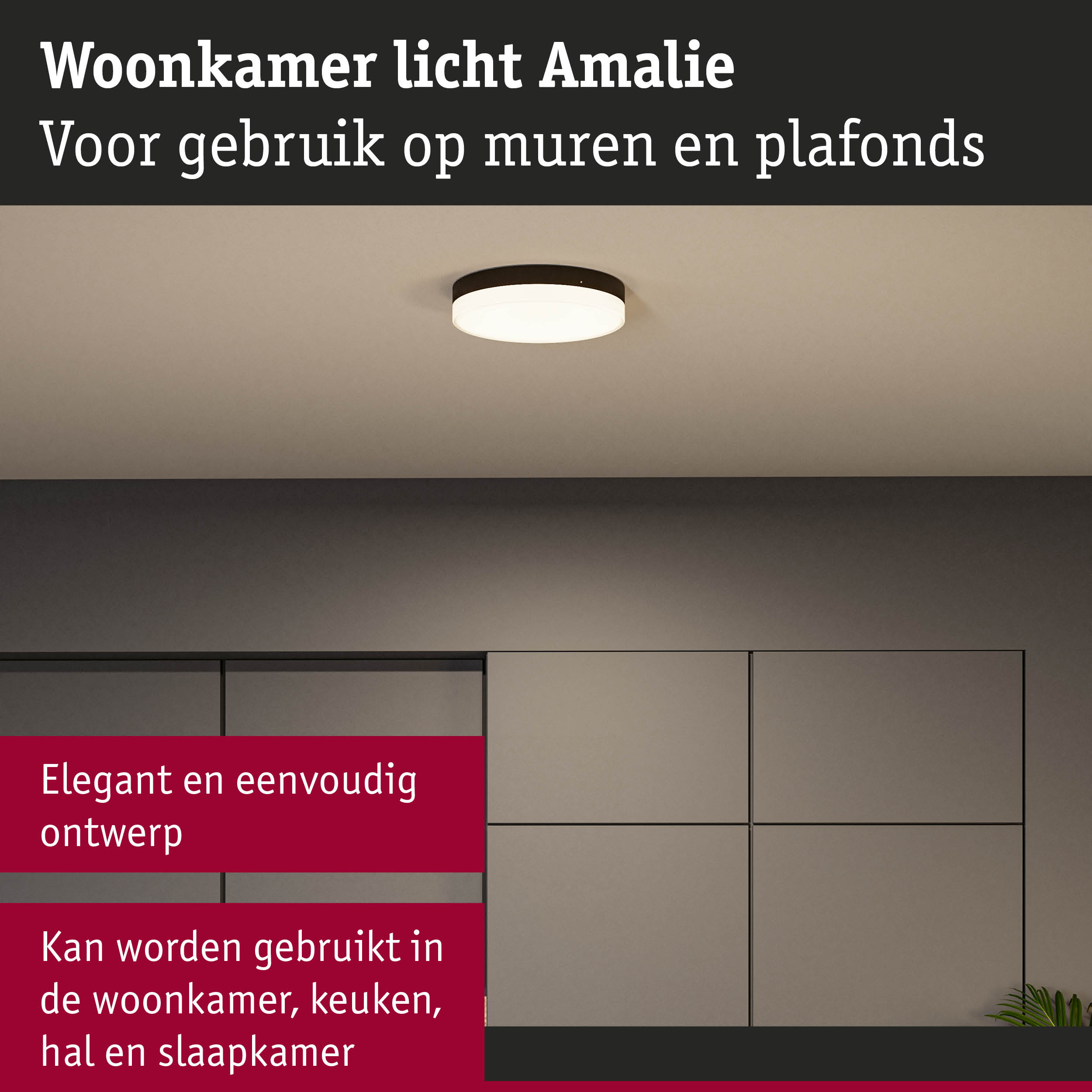 Ronde plafondlamp Amalie met zwarte rand en witte diffuser voor woonkamer en keuken