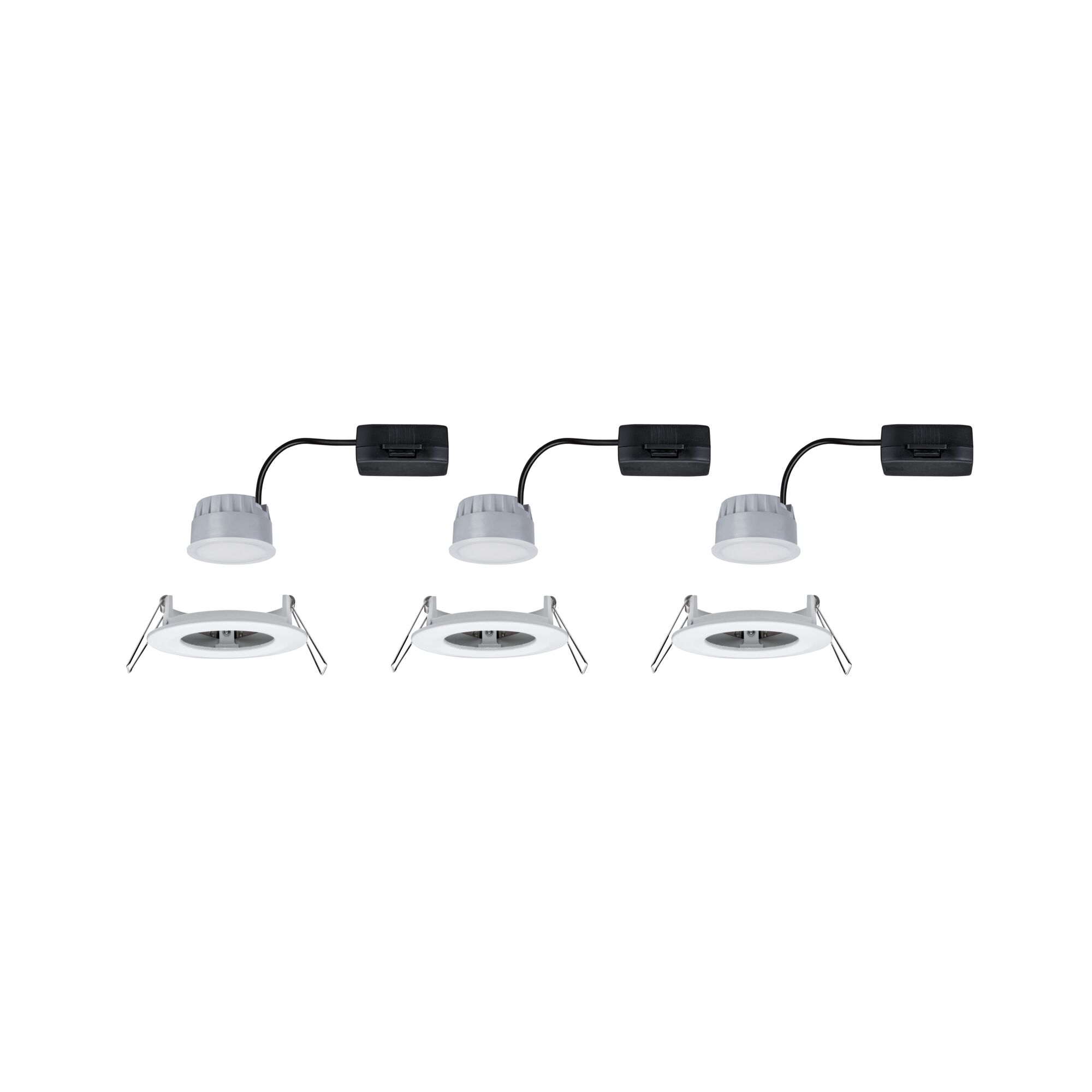 Three white LED recessed spotlights with black connector cable for modern ceiling lighting