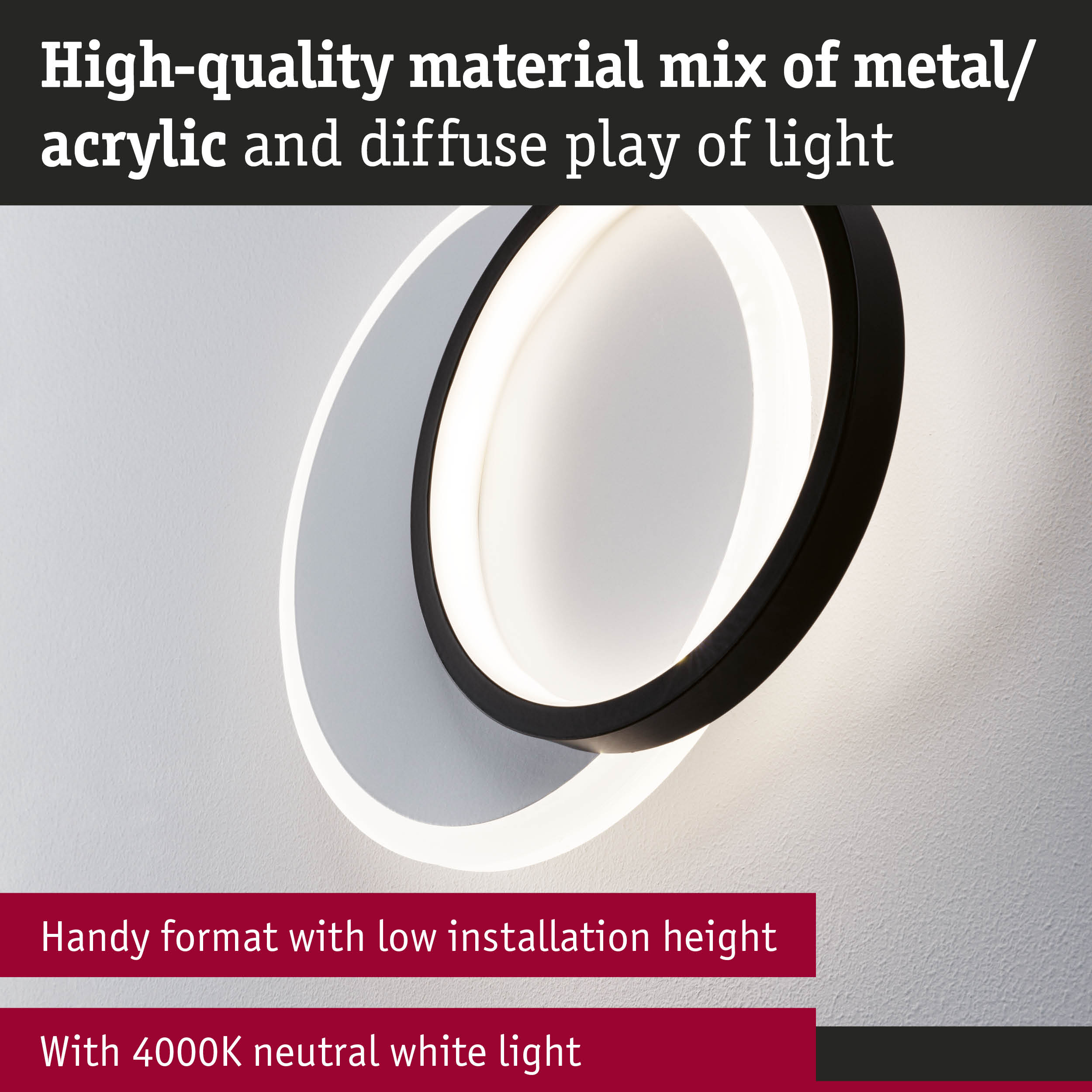 Round black metal and acrylic wall light with 4000K neutral white LED and diffuse lighting effect