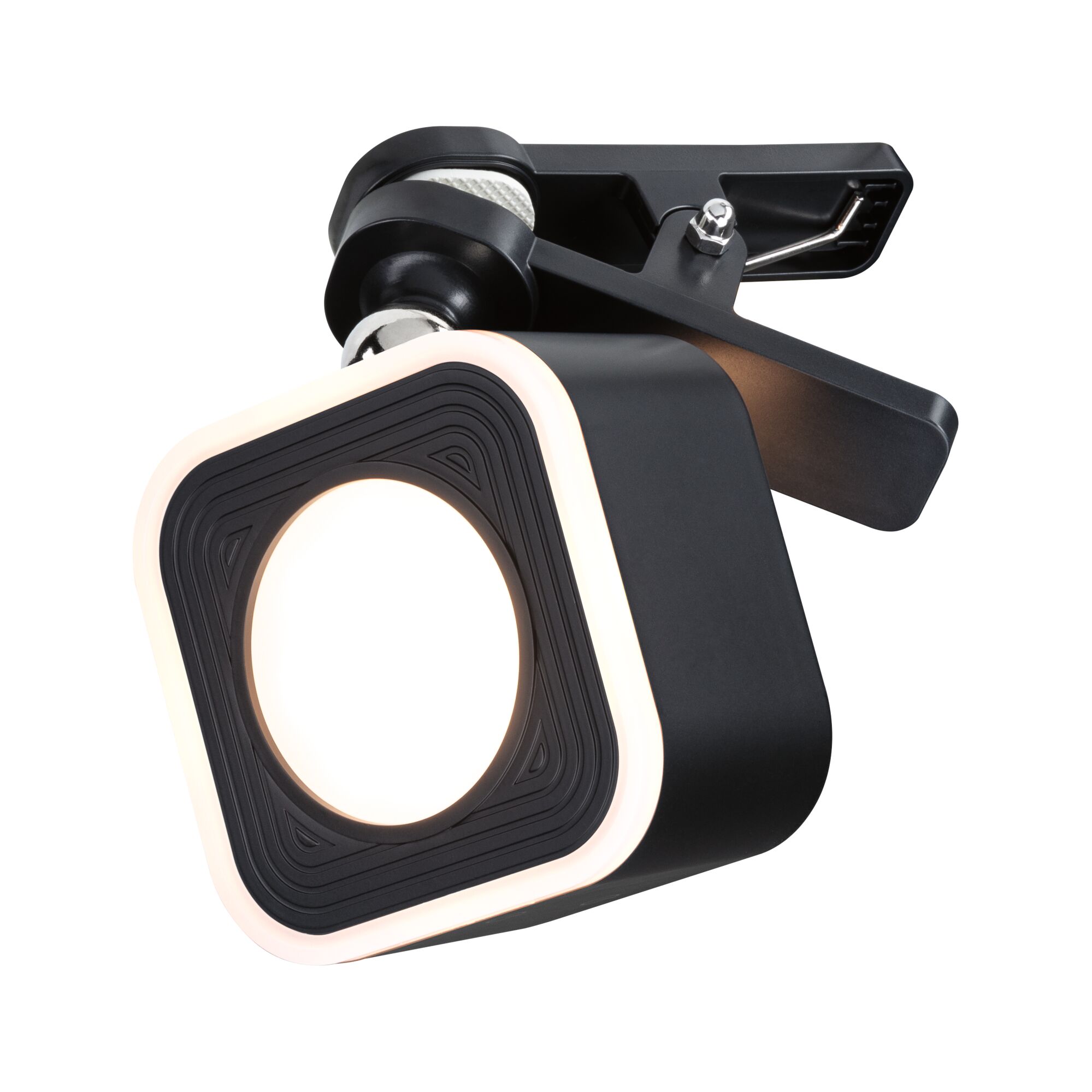 Modern black LED spotlight with square design and warm white light for accent lighting