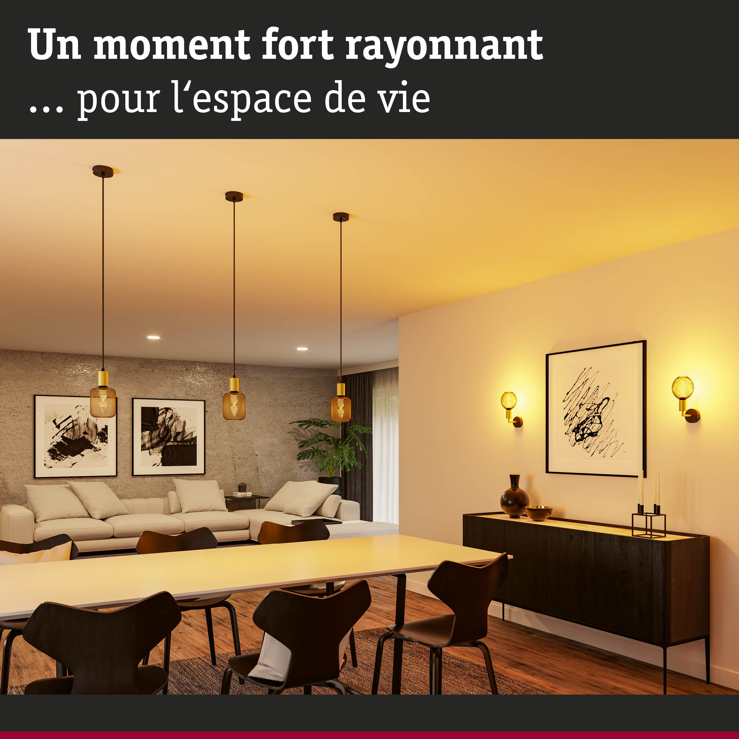 Salon moderne avec suspensions et appliques murales jaunes diffusant une lumière chaude et accueillante