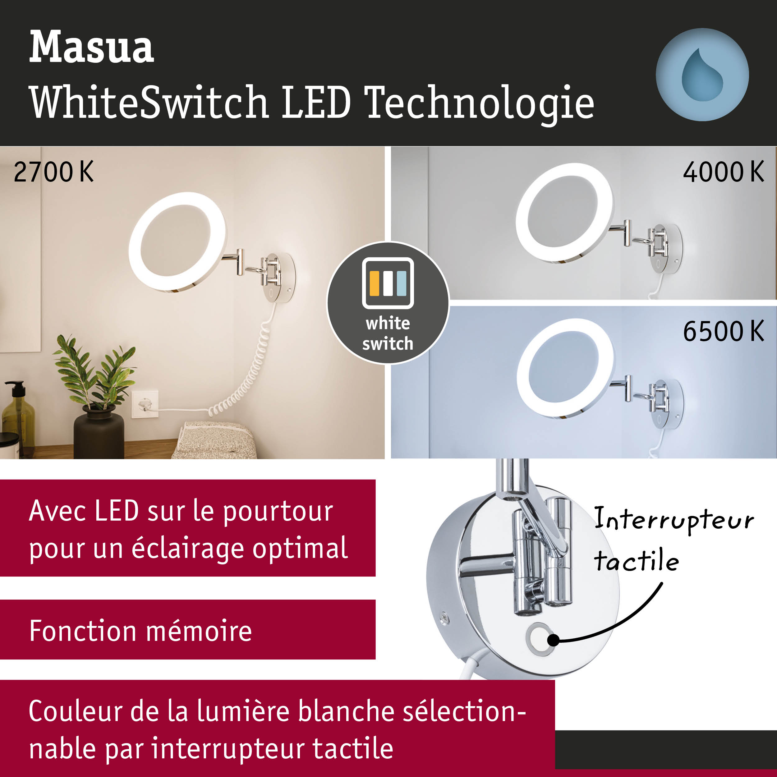 Applique murale LED Masua avec technologie WhiteSwitch finition chrome, couleur de lumière blanche réglable 2700K à 6500K